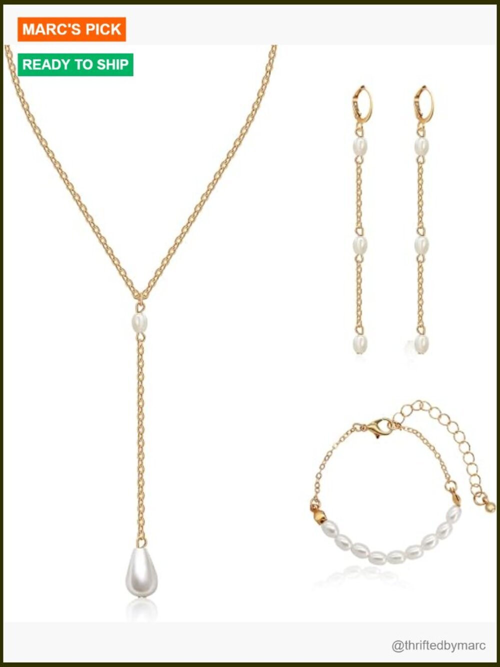 14K Gold Plated Pearl Necklace and Earring Set with Bracelet